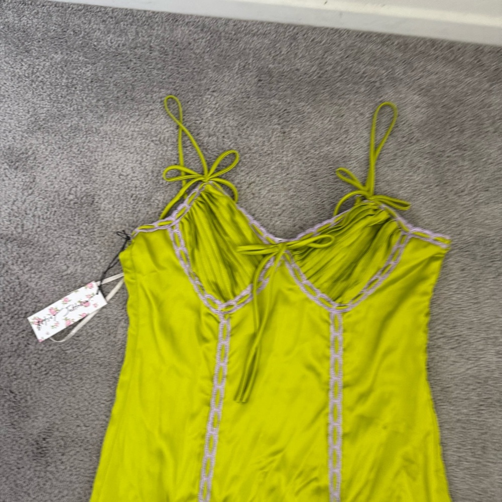NWT Betsey Johnson satin saten elbise green pink lace maxi dress - Picture 6 of 7